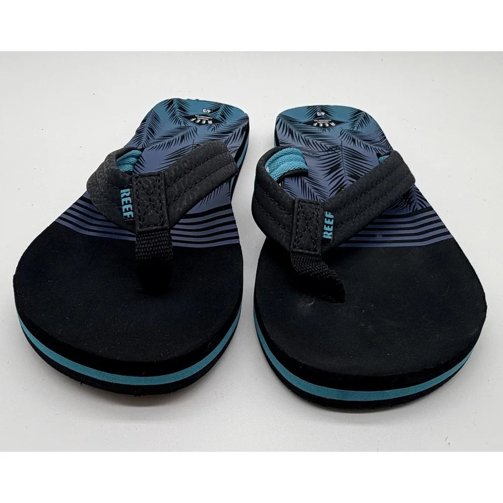 Reef Flip Flop Sandals Unisex Kids 4/5 Black & Blue Palm Leaf